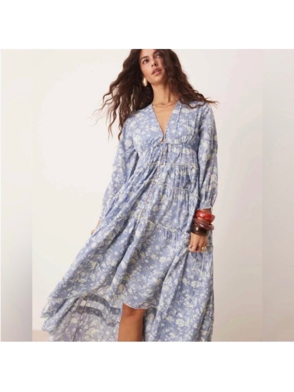 Free People Pappiet Midi Dress XS Cotton Floral Tiered Ruffle Boho Garden